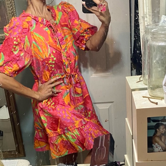 Farm Rio Fruit brush mini dress puff sleeves M L ruffles fringe organic cotton - Picture 6 of 11